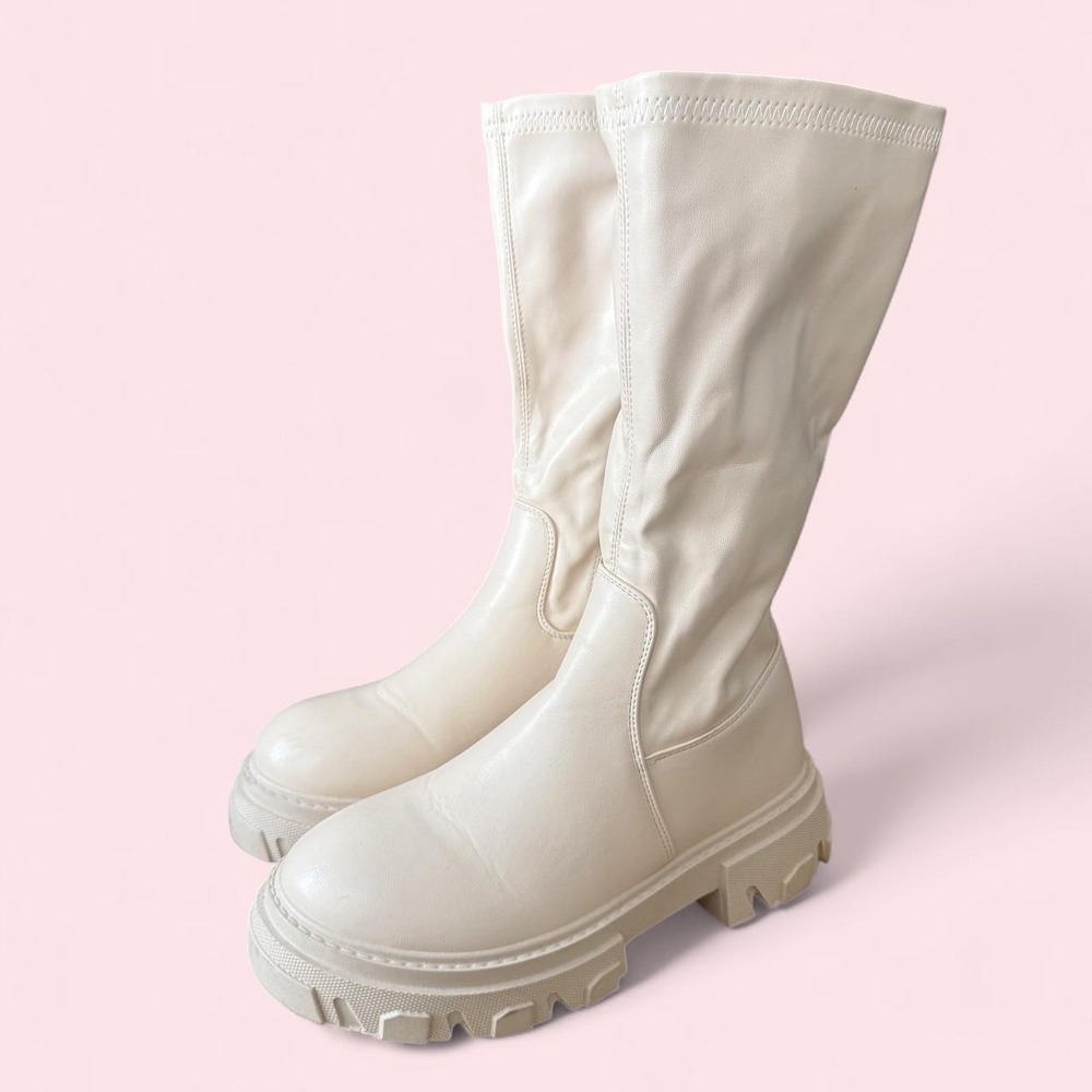 Cream chunky lug sole faux leather knee high boots